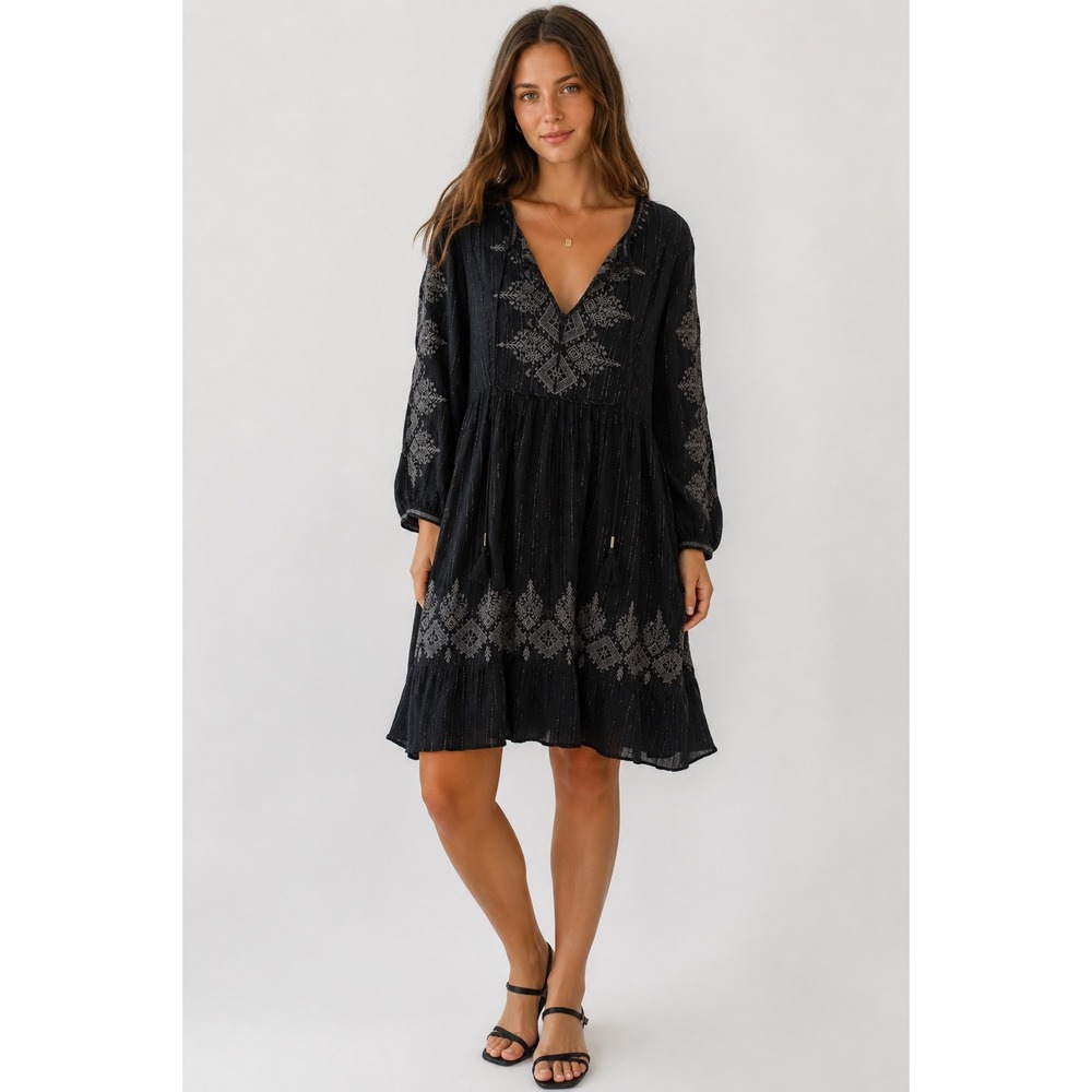 JADE Johnny Was Cotton Metallic Stripe Tassel Tie Embroidered Dress Boho Small